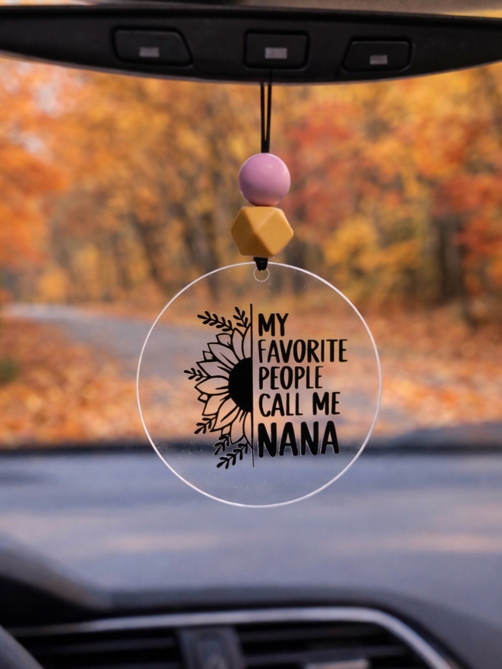 My Favorite People Call Me Nana Sunflower Car Ornament - Pink & Tan Beads